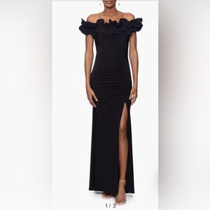 Xscape Ruffle Off the Shoulder Ruched Jersey Gown